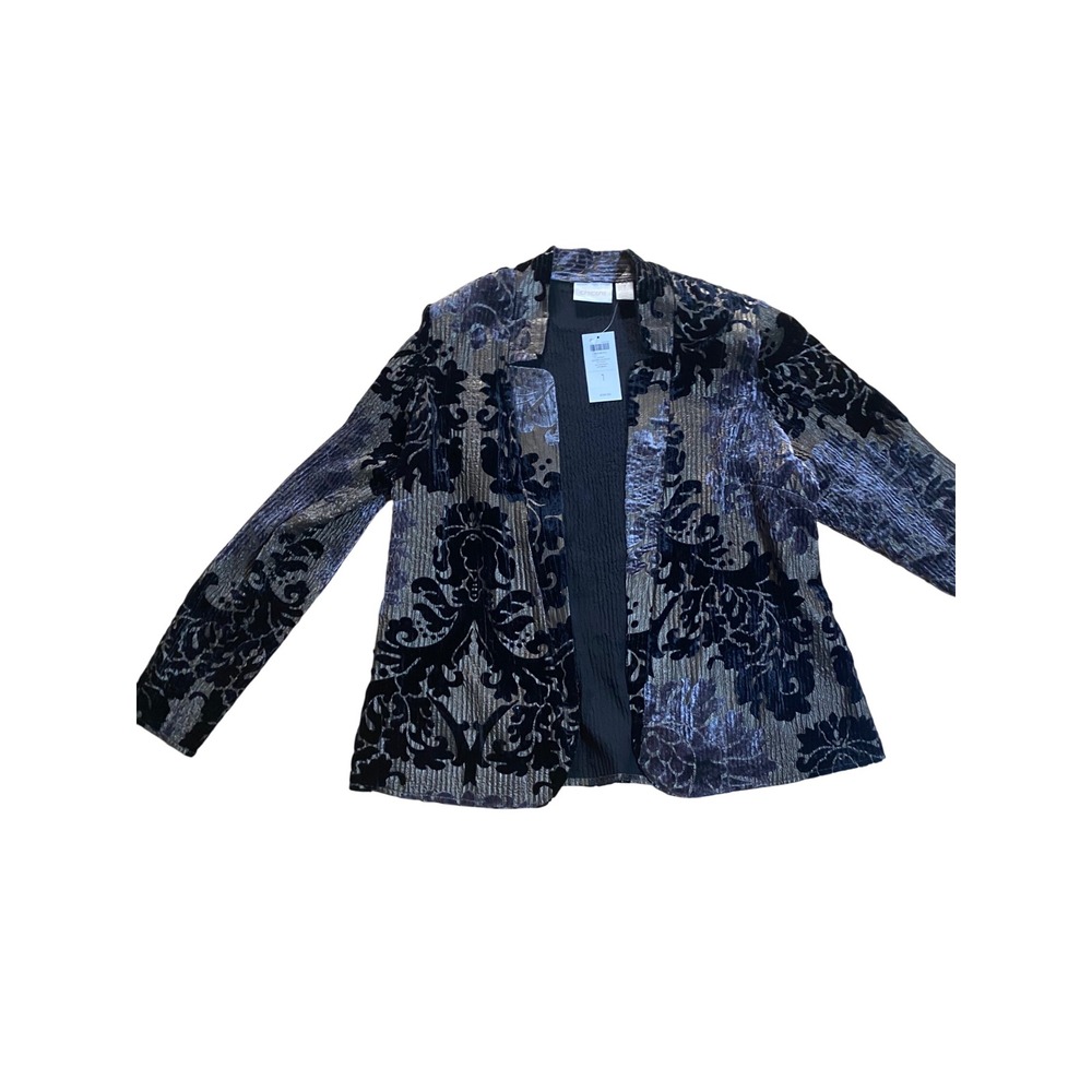 Chicos Velvet Burnout Jacket Black Gold Damask Open Front Size 1 (Medium) NWT